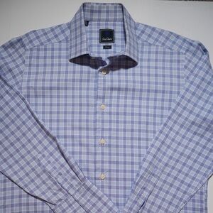 David Donahue Trim Fir Dress Shirt 16.5 32/33 Blue Plaid French Cuff 100% Cotton